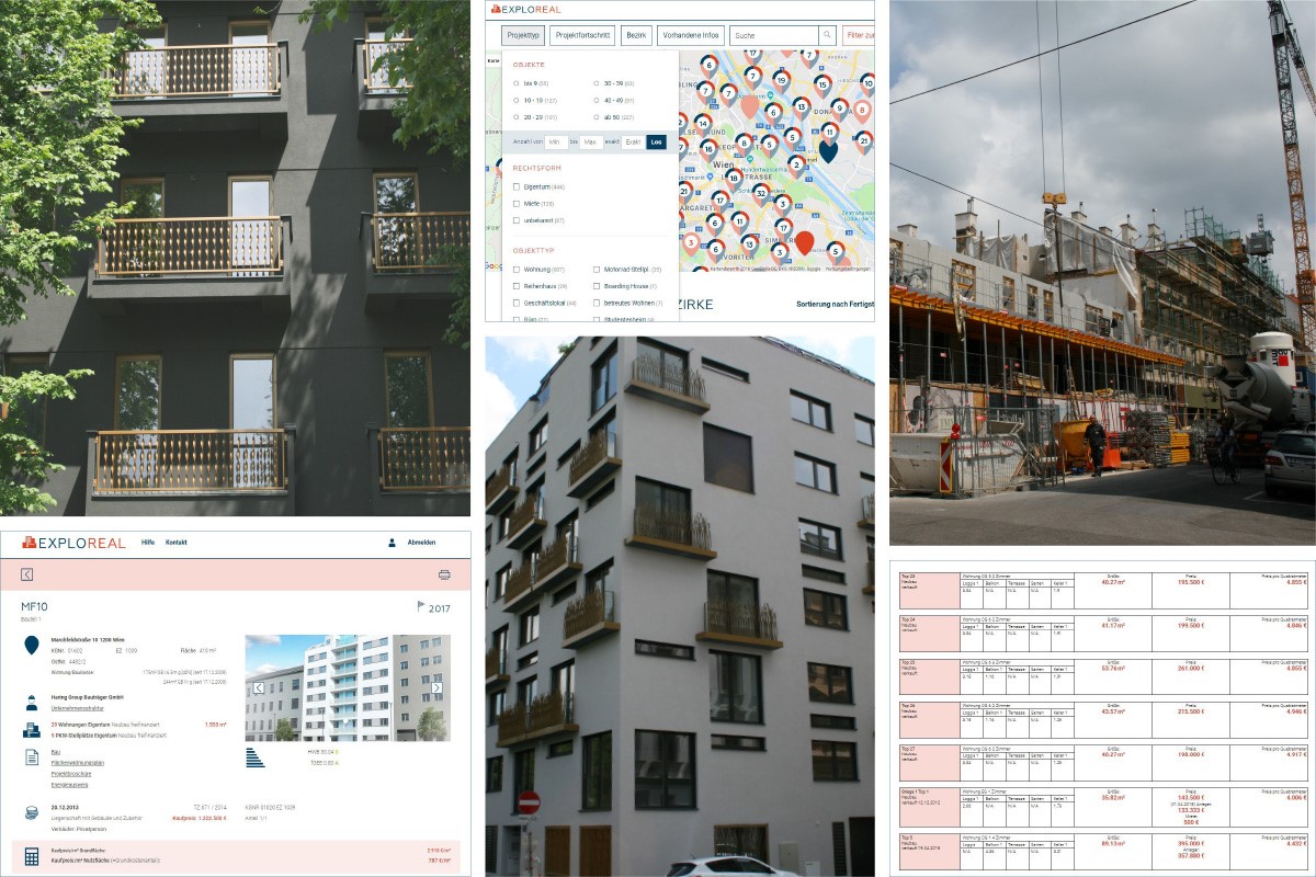 Collage aus Screenshots von Exploreal und Fotos von Projekten